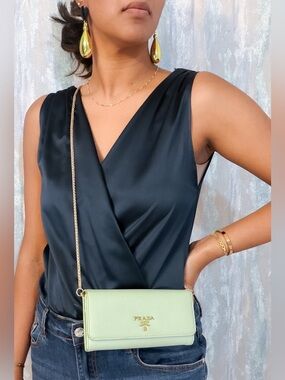 Prada Saffiano Mint green leather wallet on chain 🍃